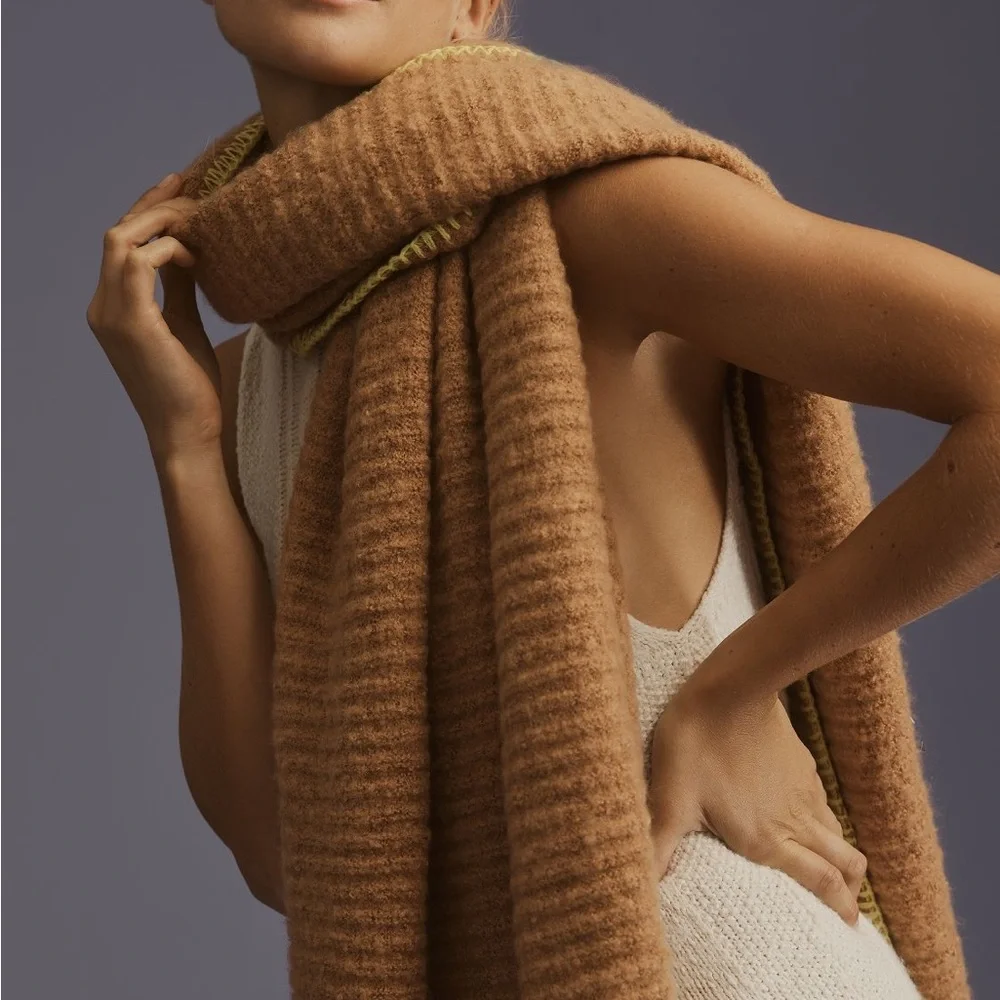 Anthropologie Camel Ribbed Knit Wrap with Yellow Edge